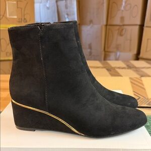 Black Suede Wedge Ankle Boots with Gold Trim - Women